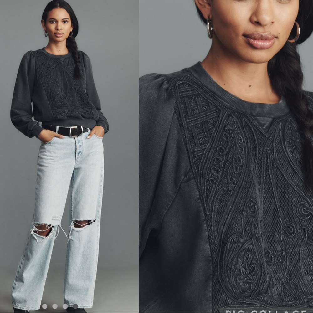 NWT : Anthropologie Pilcro Embroidered Sweatshirt Gray Pullover Cotton Small